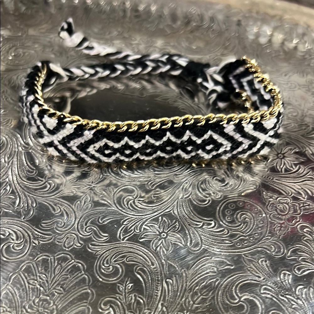 Black and White Woven Bracelet with Gold Accents